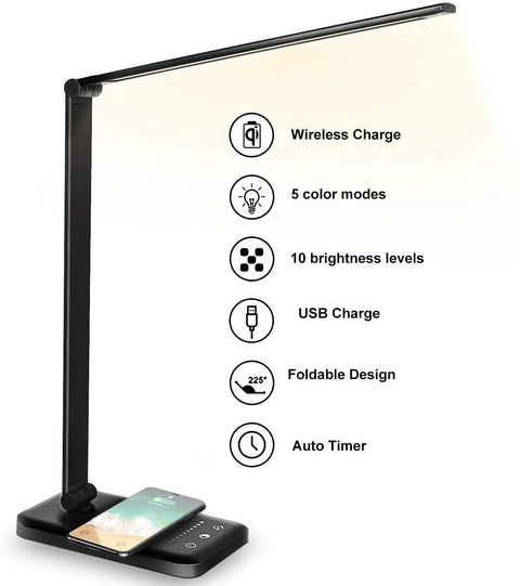 Wireless Charging Desk Lamp With USB Port Dimmable Office Light Featuring Five Modes And Ten Brightness Levels Easy Touch Control Auto Timer 30 And 60 Minutes Eye Caring Black Table Lamp For Your Home Office Setup showcasing features