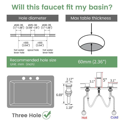 Diagram showing installation dimensions for Brushed Gold Bathroom Sink Faucet 3 Hole Widespread Waterfall Basin Faucet With Pop Up Drain No Fuss Vanity Lavatory Faucet Solid Brass Construction Corrosion Resistant Easy Install