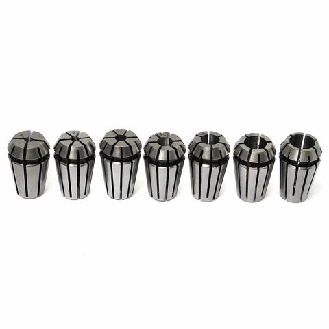 Premium 7Pc ER11 Spring Collet Chuck Set With Self Release Tool Holder For Milling And Grinding Machines Including High Grade Steel Bits Ranging 1 To 7 Mm, showcasing precision collets.