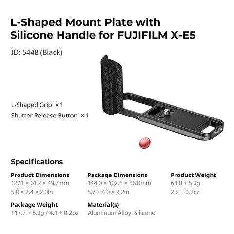 X E5 L Shape Grip With Built In Arca Quick Release Plate For Fujifilm X E5 Camera shown with specifications; black silicone grip