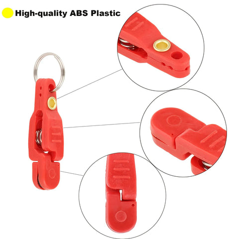 Ten-pack red ABS plastic heavy-tension downrigger release clips with springs for offshore fishing.