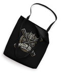 Black dope dragon boat paddler tote bag with dragon head centerpiece, crossed paddles and wave motifs laying flat