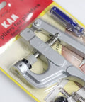 Snap Pliers Kit For No-Sew Button Snaps Handheld Press Attacher With T3 T5 T8 Dies shown in packaging, includes tools