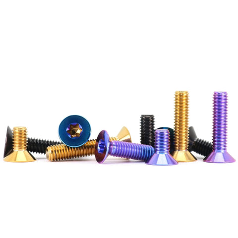 Pro Grade Titanium Alloy Countersunk Screws And Flat Head Bolts Set Ti6Al4V Black Finish M4 M5 M6 M8 12mm Length 4 Pack Built For Heavy Duty Use CNC Finished in mixed colors.