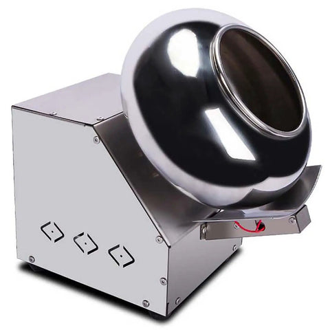 Commercial Electric Sugar Coating Machine For Candy And Chocolate Polishing stainless steel build with shiny drum and control panel.