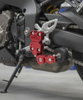 Premium Built Tough Motorcycle Chain Adjuster Kit Featuring Smooth Rollers And Lockdown Hardware For Precision Rear Axle Alignment Anodized Black Aluminum Upgrade installed on a motorcycle.