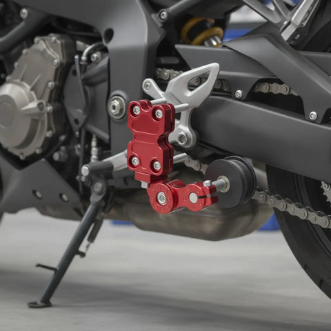 Premium Built Tough Motorcycle Chain Adjuster Kit Featuring Smooth Rollers And Lockdown Hardware For Precision Rear Axle Alignment Anodized Black Aluminum Upgrade installed on a motorcycle.