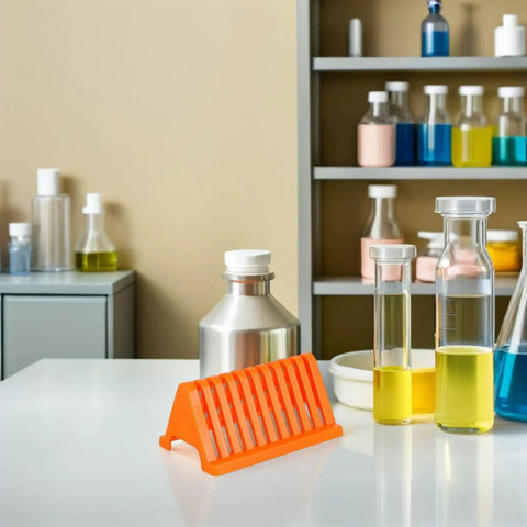 Cool Homoyoyo Lab Slide Drying Rack Pack on table with glass containers and chemicals in lab setting.