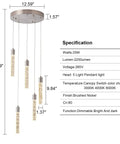 Five Light Kitchen Island Pendant Lights With Dimmable 3000K 4000K 6000K Color Temperature Bubble Crystal Star Accent dimensions and specs