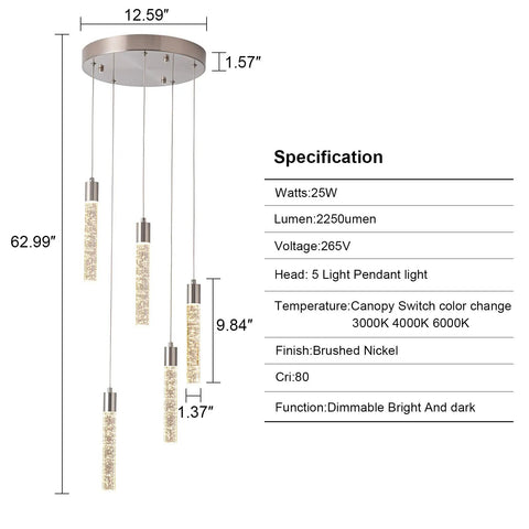 Five Light Kitchen Island Pendant Lights With Dimmable 3000K 4000K 6000K Color Temperature Bubble Crystal Star Accent dimensions and specs
