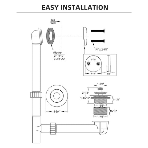 Diagram showing Oil Rubbed Bronze Tub Drain Trim Set Conversion Kit, All Brass Lift And Turn Bathtub Drain Replacement dimensions.