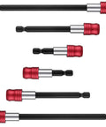 Six Piece Magnetic Drill Bit Extension And Screwdriver Bit Holder Set For Impact Drivers And Drills, 1/4 Inch Hex Shank, red accents