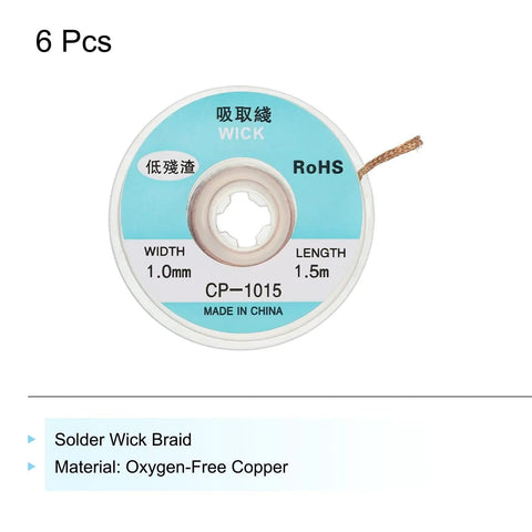 Desoldering Wick Braid For Electronics No Clean Solder Wick 0.04 Inch Wide 4.92 Feet Long Copper Oxygen Free For Removing Solder 6 Pack