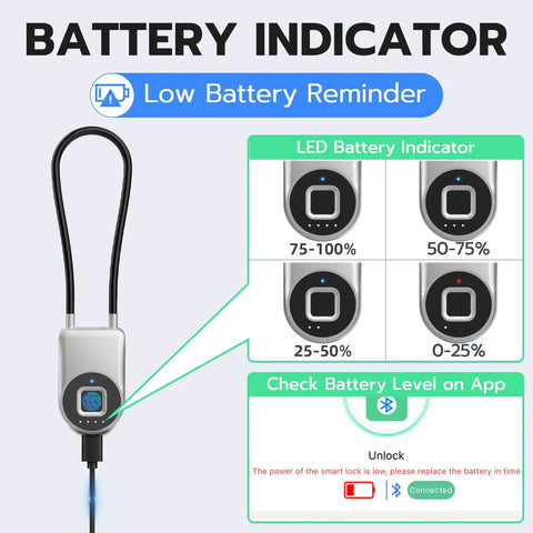 Battery indicator and app interface for Fingerprint Cable Lock With Biometric Unlock 3.6 Inch Shackle Keyless Bluetooth Smart Padlock.