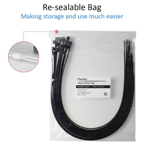 Heavy Duty 26 Inch Cable Zip Ties With Ultra Strong Nylon, 180 Pound Tensile Strength, 50 Pack in resealable bag
