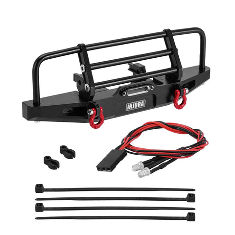 Aluminum RC Bumper Set For 1/18 TRX4M Defender, CNC Front 37G with LED Lights, includes wiring and zip ties, black finish