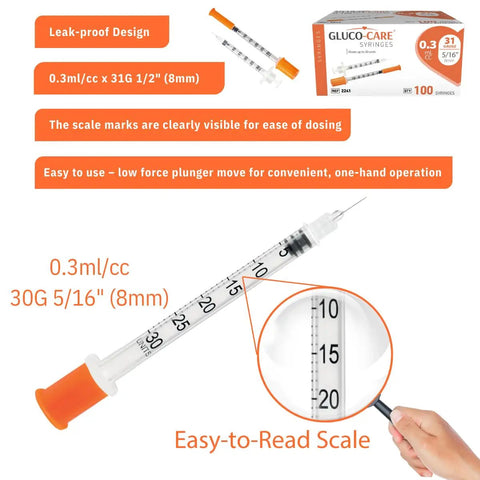 0.3 Ml Syringes 31G 5 Sixteenth Inch 8mm Orange Cap Box Of 100 For Precise Dosing And Smooth One Hand Plunger With Clear Graduation Barrels