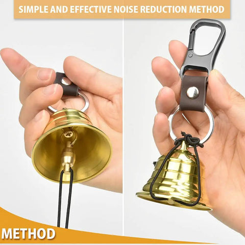 2 Pack Loud Bear Bell Set With Silencer And Emergency Whistle Carabiner For Survival And Hiking Gear shown with noise reduction method