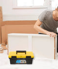 Top Shelf Plastic Tool Stash Heavy Duty Portable Carry Case For Hand Tools And Fasteners Splashproof Electrician Gear Hauler, black and yellow toolbox at a worksite.