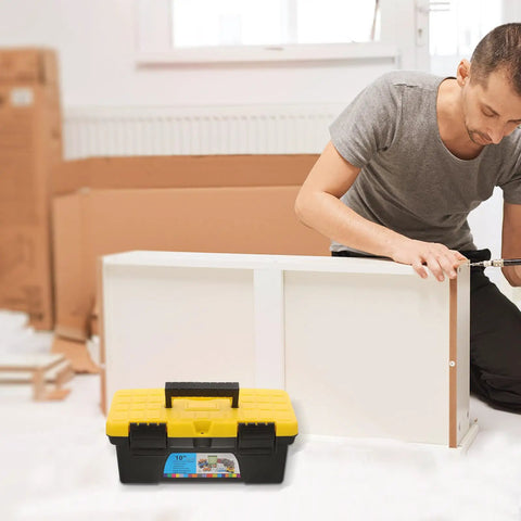 Top Shelf Plastic Tool Stash Heavy Duty Portable Carry Case For Hand Tools And Fasteners Splashproof Electrician Gear Hauler, black and yellow toolbox at a worksite.
