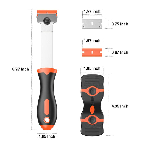 2-In-1 Razor Scraper Set with 30 Blades, long-handle and mini scrapers dimensions, ergonomic handles, and blade sizes