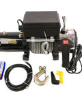 Heavy Duty 3000 Lbs Electric Winch Hoist For Off Road Recovery And Workshop Use 12V 24V Power On Board Crane With Double Rope Config For Lifting Vehicles, showing winch and accessories.