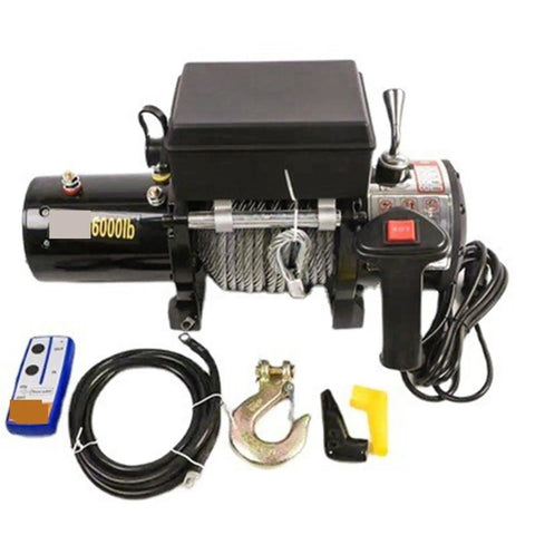 Heavy Duty 3000 Lbs Electric Winch Hoist For Off Road Recovery And Workshop Use 12V 24V Power On Board Crane With Double Rope Config For Lifting Vehicles, showing winch and accessories.