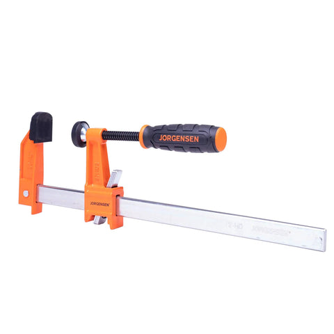 Beefy 12 Inch Opening Heavy Duty Steel Bar Clamp With Protective Pads Orange for cabinet making and woodworking projects.