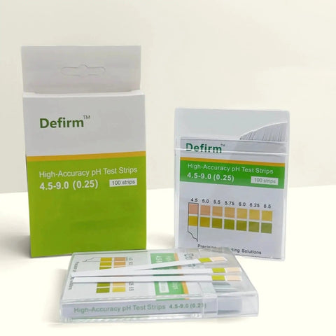 pH Test Strips Universal Range 4.5 To 9.0 High Accuracy Litmus Paper packaging showing 100 strips and color chart.