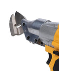 Depisuta Cordless Electric Metal Shears With 360 Degree Rotating Head And Alloy Blades For Cutting Stainless Steel Iron Sheet Leather Carpet Fast Continuous Power Tool Safe Lock close-up of cutting head.