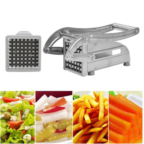 Stainless steel manual French fries cutter; kitchen slicer for potatoes, carrots, cucumbers (Amazon).