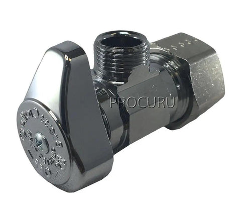 Four-Pack One Half Inch Nominal Compression To Three-Eighth Inch OD Outlet Chrome Plated Brass Quarter Turn Angle Stop Valve