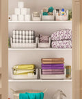 Stackable Clear Plastic Storage Bins For Garage And Pantry, Space Saving Organizer For Crafts, Toys, Snacks, And Tools, Heavy Duty, Holds Up To 50 Lbs, 12 Pack, 15 By 5 By 5 Inches, Ideal For Home Organization used for towels and toiletries in closet.