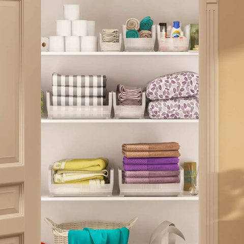 Stackable Clear Plastic Storage Bins For Garage And Pantry, Space Saving Organizer For Crafts, Toys, Snacks, And Tools, Heavy Duty, Holds Up To 50 Lbs, 12 Pack, 15 By 5 By 5 Inches, Ideal For Home Organization used for towels and toiletries in closet.
