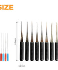 12 Piece Stainless Steel Tool Set With Ergonomic Handles For Broken Part Extraction And DIY Hardware Repair Heavy-Duty Rust Resistant Versatile Kit For Precision Work Great For Garage Or Workshop Black size chart with 0.2-0.15mm tips