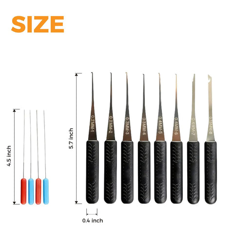12 Piece Stainless Steel Tool Set With Ergonomic Handles For Broken Part Extraction And DIY Hardware Repair Heavy-Duty Rust Resistant Versatile Kit For Precision Work Great For Garage Or Workshop Black size chart with 0.2-0.15mm tips