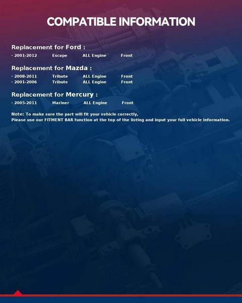 Image showing compatibility information for Front Wheel Bearing Hub Assembly 518515 Replacement For Ford Escape 2001 To 2012 Mercury Mariner 2005 To 2011 Mazda Tribute 2001 To 2006 And 2008 To 2011 Wheel Hub Bearing No Hassle Fit Easy Install Premium Quality