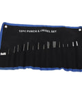 Kickin Tough 16 Piece Metalsmith Punch And Chisel Set For Auto Repairs, Pin Center Taper And Cold Gauge Tools To Hammer, Align Holes, And Shape Steel Like A Pro In The Shop. 16pc steel set in blue roll case
