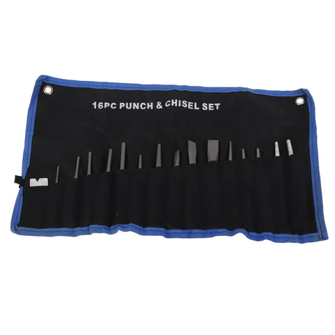 Kickin Tough 16 Piece Metalsmith Punch And Chisel Set For Auto Repairs, Pin Center Taper And Cold Gauge Tools To Hammer, Align Holes, And Shape Steel Like A Pro In The Shop. 16pc steel set in blue roll case