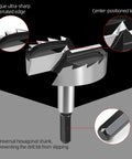 Heavy Duty 1 And 3/4 Inch Forstner Drill Bit Crafted From Tough As Nails 5140 Steel featuring ultra-sharp serrated edge and hex shank.