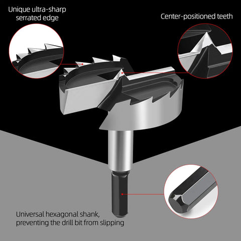 Heavy Duty 1 And 3/4 Inch Forstner Drill Bit Crafted From Tough As Nails 5140 Steel featuring ultra-sharp serrated edge and hex shank.