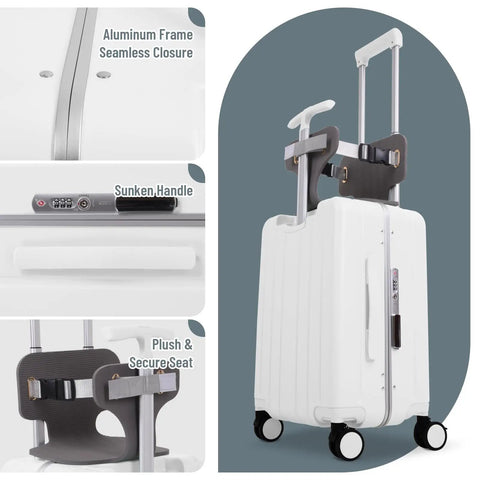 White underseat carry on luggage for kids with wheels TSA approved ride on suitcase showing handle and plush seat details