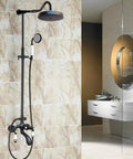 UMJIGF Shower System with Hot and Cold Water Black Shower Faucet Set Multifunction Double Ceramic Handle Shower Combo Set with Shower Head, Handheld Shower, Tub Spout mounted on tiled wall