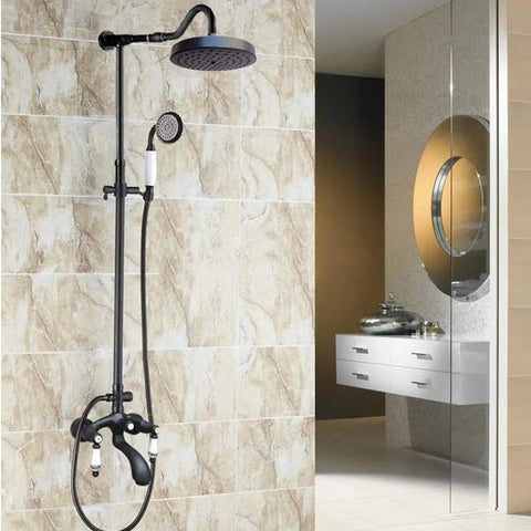 UMJIGF Shower System with Hot and Cold Water Black Shower Faucet Set Multifunction Double Ceramic Handle Shower Combo Set with Shower Head, Handheld Shower, Tub Spout mounted on tiled wall