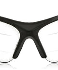Front view of Dual-Reader Safety Glasses For Overhead And Upside-Down Work, +1.5 Diopter Readers, anti-scratch polycarbonate lenses, black frame.