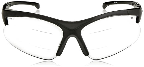 Front view of Dual-Reader Safety Glasses For Overhead And Upside-Down Work, +1.5 Diopter Readers, anti-scratch polycarbonate lenses, black frame.