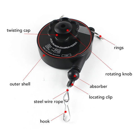 Heavy Duty Tool Balancer With 79 Inch Retractable Cable, Supports Tools From 1.3 To 6.6 Lbs For Electric Screwdrivers, Soldering Irons, And Small Pneumatic Tools, Smooth Retraction And Balanced Suspension For Workshop, showing twisting cap, outer shell, rings, rotating knob, absorber, locating clip, steel wire rope, and hook.