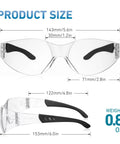 Clear ANSI Z87.1 Safety Glasses For Men And Women, side and front views with size dimensions and weight in ounces