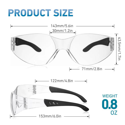 Clear ANSI Z87.1 Safety Glasses For Men And Women, side and front views with size dimensions and weight in ounces