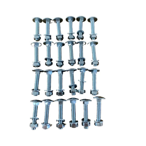 M6 Carriage Bolts Kit With Hex Nuts And Flat Washers For Wood Projects And Furniture, Heavy Duty carbon steel bolts arranged with nuts and washers